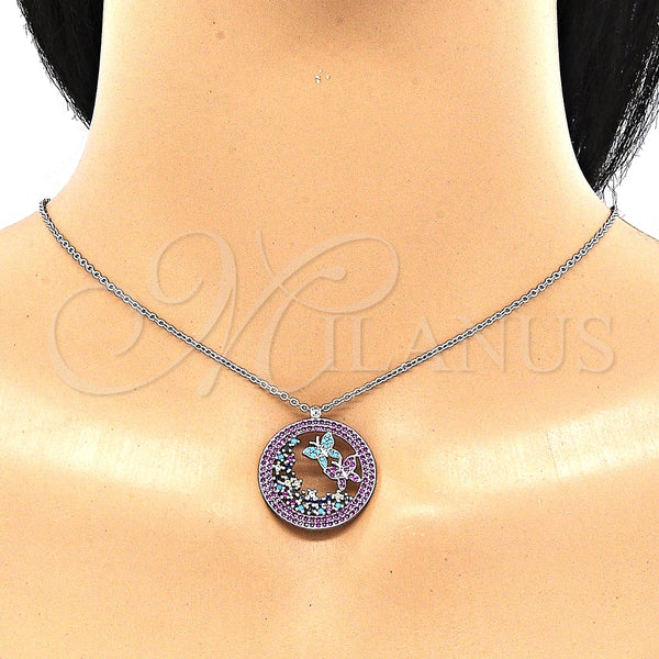 Collares con Dije 04.336.0219.16 Plata Rodinada, Diseño de Mariposa, con Zirconia Cubica Multicolor y Micro Pave Multicolor, Pulido, Rodinado (Grosor 02 MM, 16 Pulgadas de Largo)