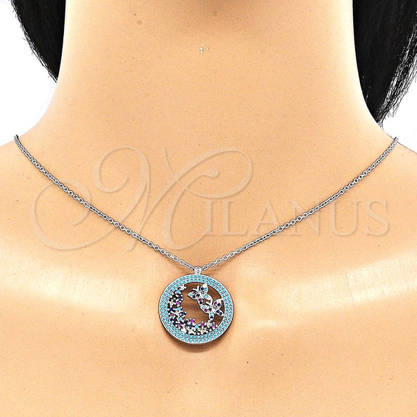 Collares con Dije 04.336.0219.1.16 Plata Rodinada, Diseño de Mariposa, con Zirconia Cubica Aqua Azul y Micro Pave Multicolor, Pulido, Rodinado (Grosor 01 MM, 16 Pulgadas de Largo)