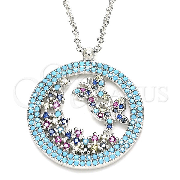Collares con Dije 04.336.0219.1.16 Plata Rodinada, Diseño de Mariposa, con Zirconia Cubica Aqua Azul y Micro Pave Multicolor, Pulido, Rodinado (Grosor 01 MM, 16 Pulgadas de Largo)