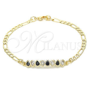 Pulsera Elegante 03.63.2152.1.07 Oro Laminado, Diseño de Gota, con Negro and Blanca Zirconia Cubica, Pulido, Tono Dorado (04 MM Thickness, 7 Inches Length)