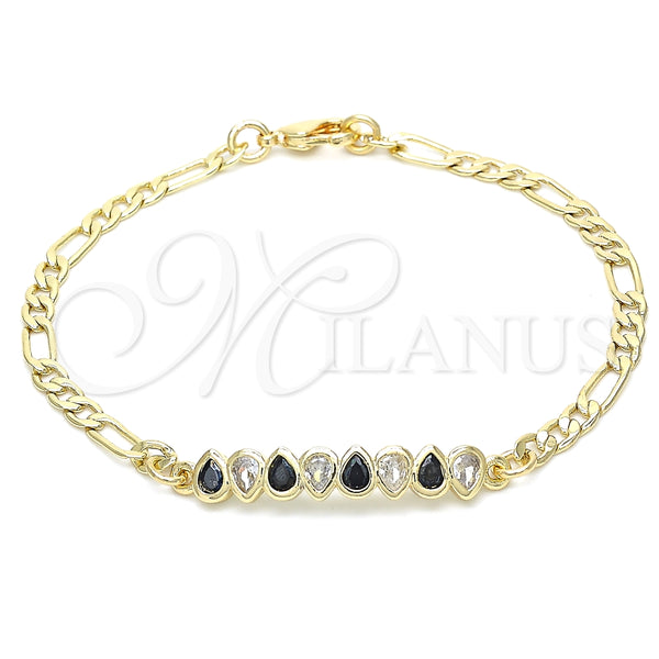 Pulsera Elegante 03.63.2152.1.07 Oro Laminado, Diseño de Gota, con Negro and Blanca Zirconia Cubica, Pulido, Tono Dorado (04 MM Thickness, 7 Inches Length)