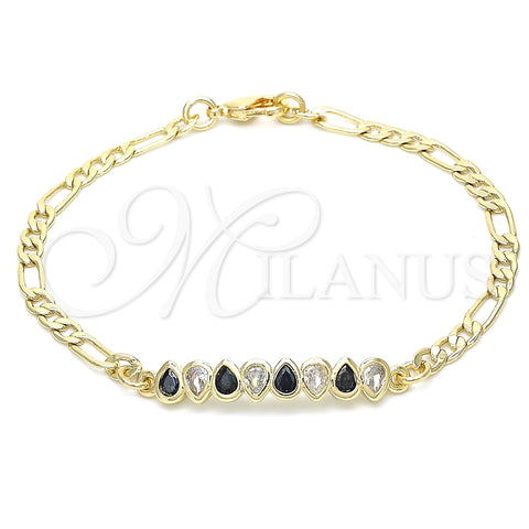 Pulsera Elegante 03.63.2152.1.07 Oro Laminado, Diseño de Gota, con Negro and Blanca Zirconia Cubica, Pulido, Tono Dorado (04 MM Thickness, 7 Inches Length)