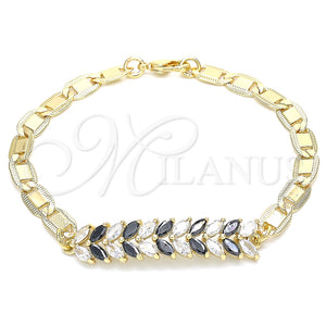 Pulsera Elegante 03.63.2153.1.07 Oro Laminado, Diseño de Oja, con Negro and Blanca Zirconia Cubica, Pulido, Tono Dorado (06 MM Thickness, 7 Inches Length)