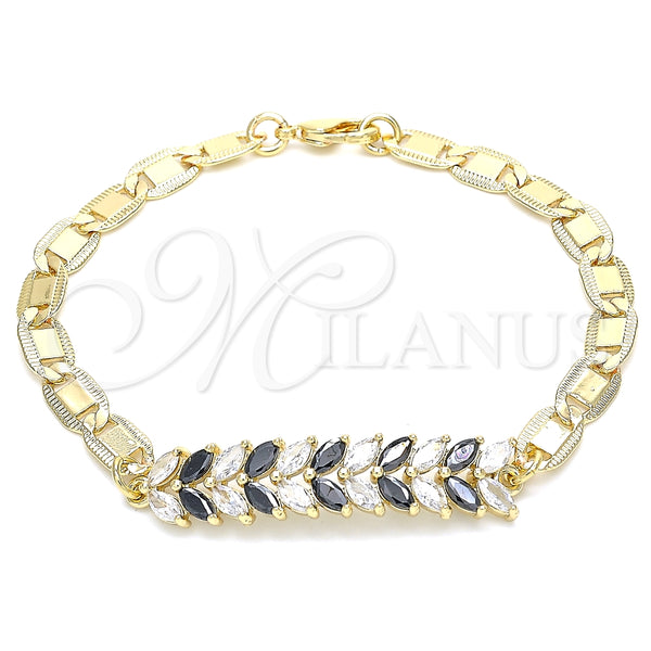Pulsera Elegante 03.63.2153.1.07 Oro Laminado, Diseño de Oja, con Negro and Blanca Zirconia Cubica, Pulido, Tono Dorado (06 MM Thickness, 7 Inches Length)