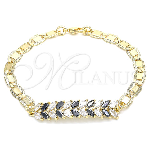 Pulsera Elegante 03.63.2153.1.07 Oro Laminado, Diseño de Oja, con Negro and Blanca Zirconia Cubica, Pulido, Tono Dorado (06 MM Thickness, 7 Inches Length)