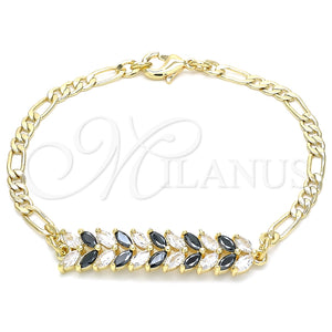 Pulsera Elegante 03.63.2154.1.08 Oro Laminado, Diseño de Oja, con Negro and Blanca Zirconia Cubica, Pulido, Tono Dorado (04 MM Thickness, 8 Inches Length)