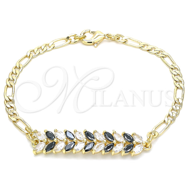 Pulsera Elegante 03.63.2154.1.08 Oro Laminado, Diseño de Oja, con Negro and Blanca Zirconia Cubica, Pulido, Tono Dorado (04 MM Thickness, 8 Inches Length)