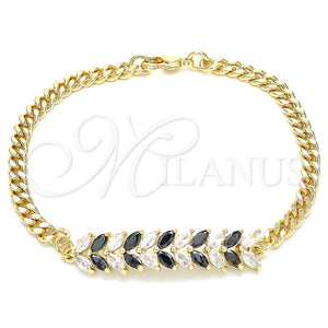 Pulsera Elegante 03.63.2155.1.08 Oro Laminado, Diseño de Oja, con Negro and Blanca Zirconia Cubica, Pulido, Tono Dorado (04 MM Thickness, 8 Inches Length)
