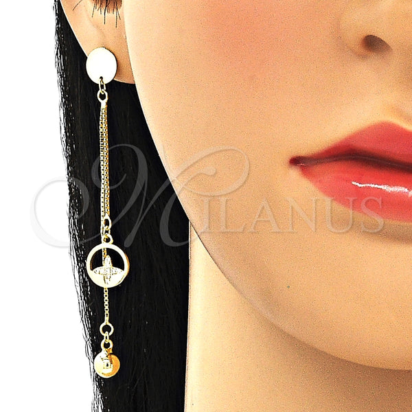 Arete Largo 02.186.0198.1 Plata Rodinada, Diseño de Bola, con Micro Pave Blanca, Pulido, Tono Dorado