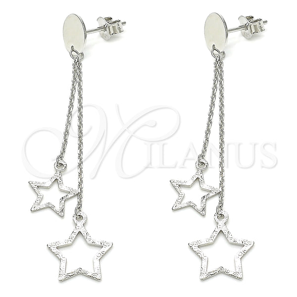 Arete Largo 02.186.0203 Plata Rodinada, Diseño de Estrella, Pulido, Rodinado