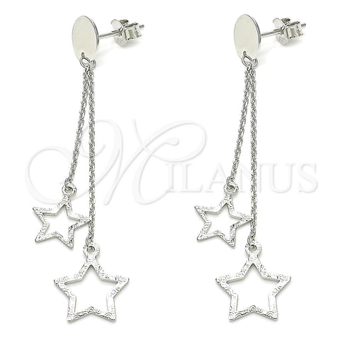 Arete Largo 02.186.0203 Plata Rodinada, Diseño de Estrella, Pulido, Rodinado
