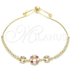 Pulsera Bolo Ajustable 03.233.0015.1.12 Oro Laminado, Diseño de Flor y Corona, con Rubi and Blanca Zirconia Cubica, Pulido, Tono Dorado (01 MM Thickness, 12 Inches Length)
