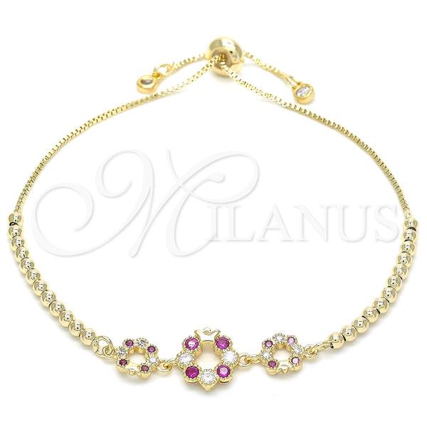 Pulsera Bolo Ajustable 03.233.0015.1.12 Oro Laminado, Diseño de Flor y Corona, con Rubi and Blanca Zirconia Cubica, Pulido, Tono Dorado (01 MM Thickness, 12 Inches Length)