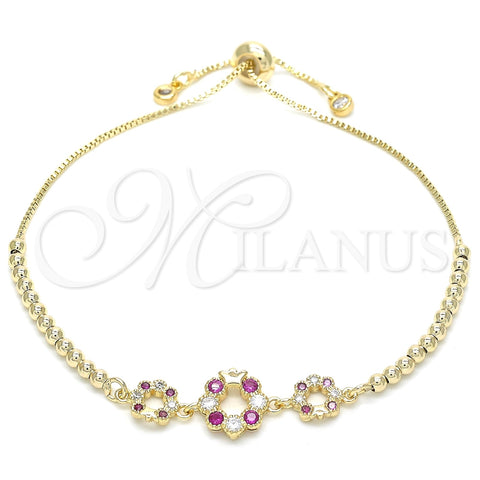 Pulsera Bolo Ajustable 03.233.0015.1.12 Oro Laminado, Diseño de Flor y Corona, con Rubi and Blanca Zirconia Cubica, Pulido, Tono Dorado (01 MM Thickness, 12 Inches Length)
