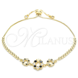 Pulsera Bolo Ajustable 03.233.0015.2.12 Oro Laminado, Diseño de Flor y Corona, con Negro and Blanca Zirconia Cubica, Pulido, Tono Dorado (01 MM Thickness, 12 Inches Length)