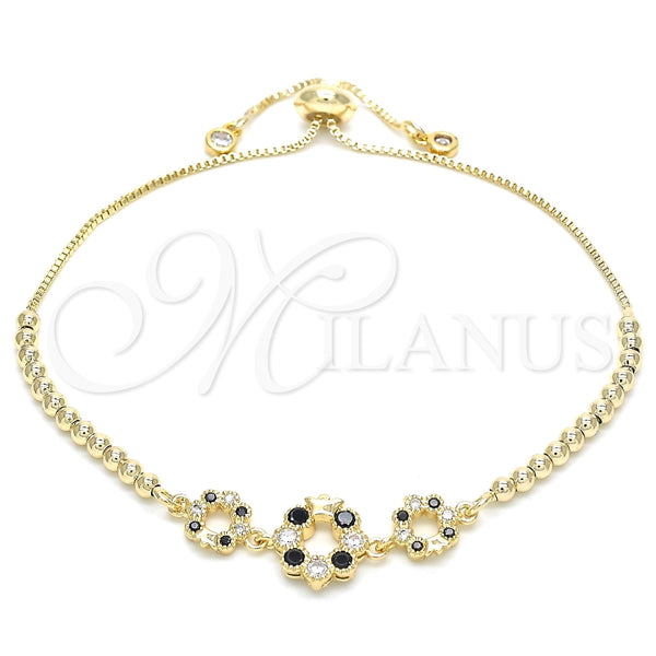 Pulsera Bolo Ajustable 03.233.0015.2.12 Oro Laminado, Diseño de Flor y Corona, con Negro and Blanca Zirconia Cubica, Pulido, Tono Dorado (01 MM Thickness, 12 Inches Length)