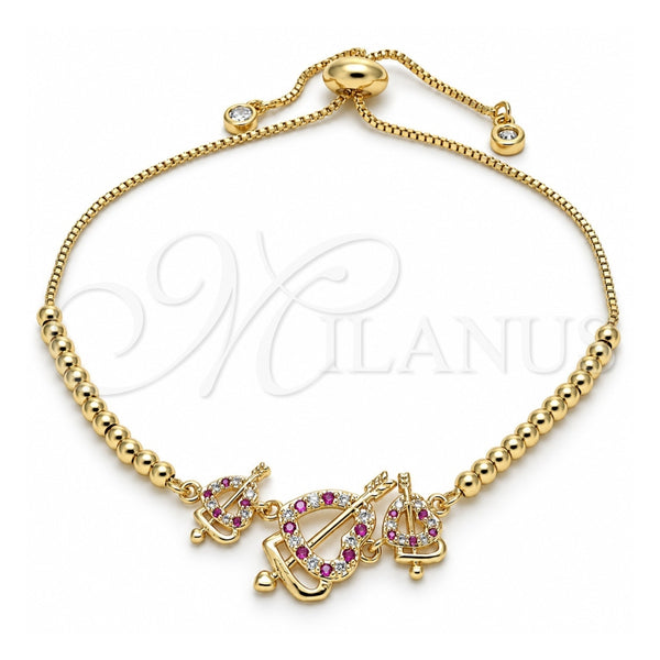 Pulsera Bolo Ajustable 03.233.0017.1.12 Oro Laminado, Diseño de Corazón, con Zirconia Cubica Rubi y Blanca, Pulido, Tono Dorado (Grosor 01 MM, 12 Pulgadas de Largo)