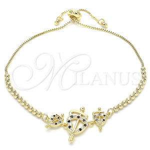 Pulsera Bolo Ajustable 03.233.0017.2.12 Oro Laminado, Diseño de Corazón, con Negro and Blanca Zirconia Cubica, Pulido, Tono Dorado (01 MM Thickness, 12 Inches Length)