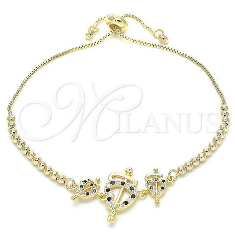 Pulsera Bolo Ajustable 03.233.0017.2.12 Oro Laminado, Diseño de Corazón, con Negro and Blanca Zirconia Cubica, Pulido, Tono Dorado (01 MM Thickness, 12 Inches Length)