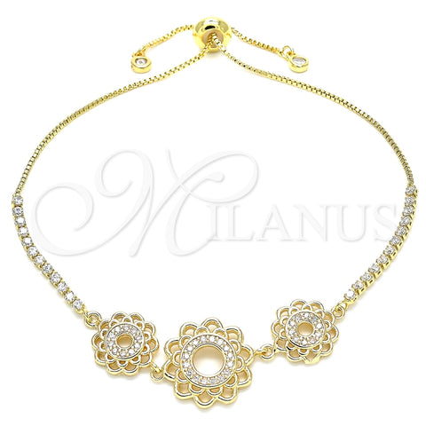 Pulsera Bolo Ajustable 03.233.0021.12 Oro Laminado, Diseño de Flor, con Blanca Zirconia Cubica, Pulido, Tono Dorado (01 MM Thickness, 12 Inches Length)