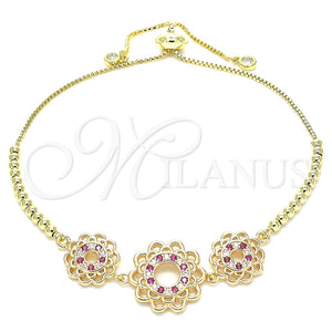 Pulsera Bolo Ajustable 03.233.0021.1.12 Oro Laminado, Diseño de Flor, con Rubi and Blanca Zirconia Cubica, Pulido, Tono Dorado (01 MM Thickness, 12 Inches Length)