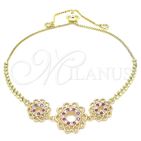 Pulsera Bolo Ajustable 03.233.0021.1.12 Oro Laminado, Diseño de Flor, con Rubi and Blanca Zirconia Cubica, Pulido, Tono Dorado (01 MM Thickness, 12 Inches Length)