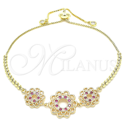 Pulsera Bolo Ajustable 03.233.0021.1.12 Oro Laminado, Diseño de Flor, con Rubi and Blanca Zirconia Cubica, Pulido, Tono Dorado (01 MM Thickness, 12 Inches Length)