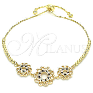 Pulsera Bolo Ajustable 03.233.0021.2.12 Oro Laminado, Diseño de Flor, con Negro and Blanca Zirconia Cubica, Pulido, Tono Dorado (01 MM Thickness, 12 Inches Length)