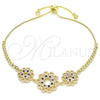 Pulsera Bolo Ajustable 03.233.0021.2.12 Oro Laminado, Diseño de Flor, con Negro and Blanca Zirconia Cubica, Pulido, Tono Dorado (01 MM Thickness, 12 Inches Length)