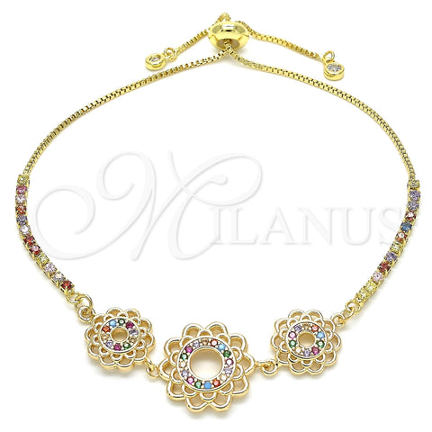 Pulsera Bolo Ajustable 03.233.0021.3.12 Oro Laminado, Diseño de Flor, con Multicolor Zirconia Cubica, Pulido, Tono Dorado (01 MM Thickness, 12 Inches Length)