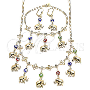 Collar, Pulsera y Dije 06.213.0004 Oro Laminado, Diseño de Ojo Griego y Elefante, Pulido, Tono Dorado