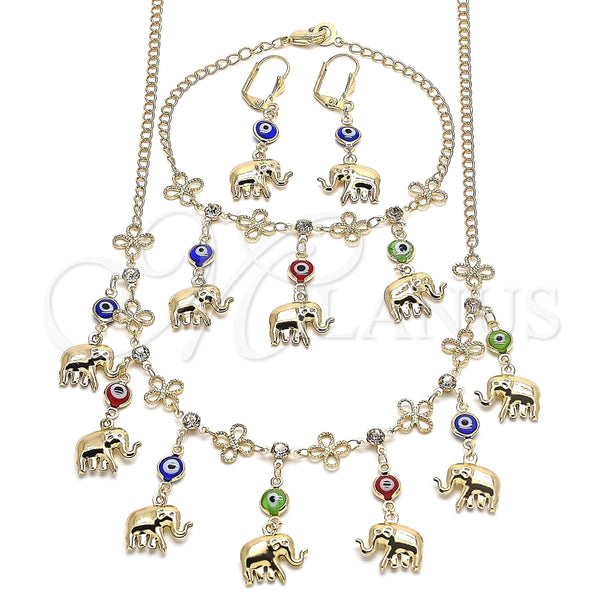 Collar, Pulsera y Dije 06.213.0004 Oro Laminado, Diseño de Ojo Griego y Elefante, Pulido, Tono Dorado