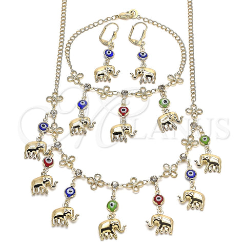 Collar, Pulsera y Dije 06.213.0004 Oro Laminado, Diseño de Ojo Griego y Elefante, Pulido, Tono Dorado