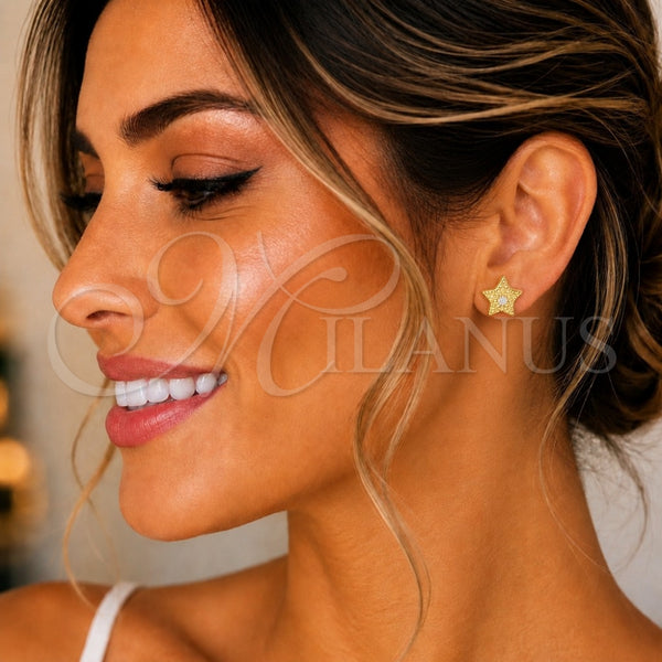 Arete Dormilona 02.369.0037.2 Plata Rodinada, Diseño de Estrella, con Zirconia Cubica Blanca, Pulido, Tono Dorado