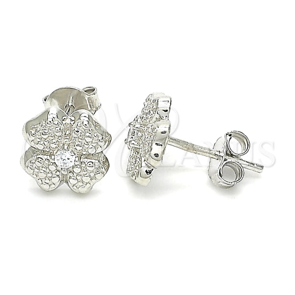 Arete Dormilona 02.369.0038 Plata Rodinada, Diseño de Trébol de Cuatro Hojas, con Zirconia Cubica Blanca, Pulido, Rodinado