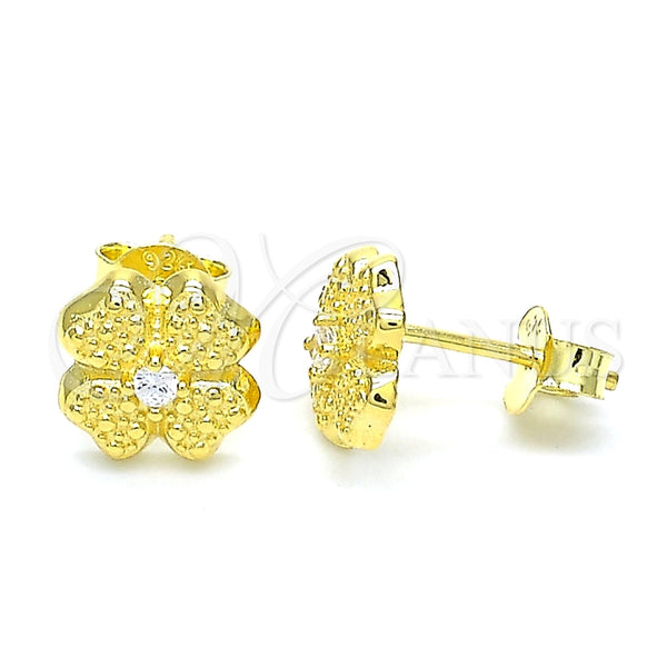 Arete Dormilona 02.369.0038.2 Plata Rodinada, Diseño de Trébol de Cuatro Hojas, con Zirconia Cubica Blanca, Pulido, Tono Dorado