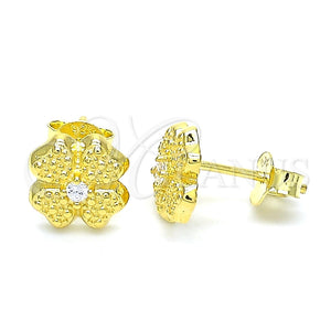 Arete Dormilona 02.369.0038.2 Plata Rodinada, Diseño de Trébol de Cuatro Hojas, con Zirconia Cubica Blanca, Pulido, Tono Dorado
