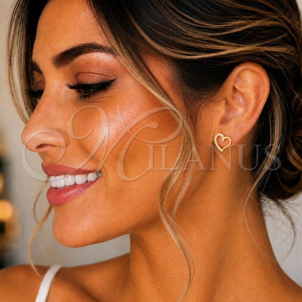 Arete Dormilona 02.369.0003.2 Plata Rodinada, Diseño de Corazón, con Micro Pave Blanca, Pulido, Tono Dorado