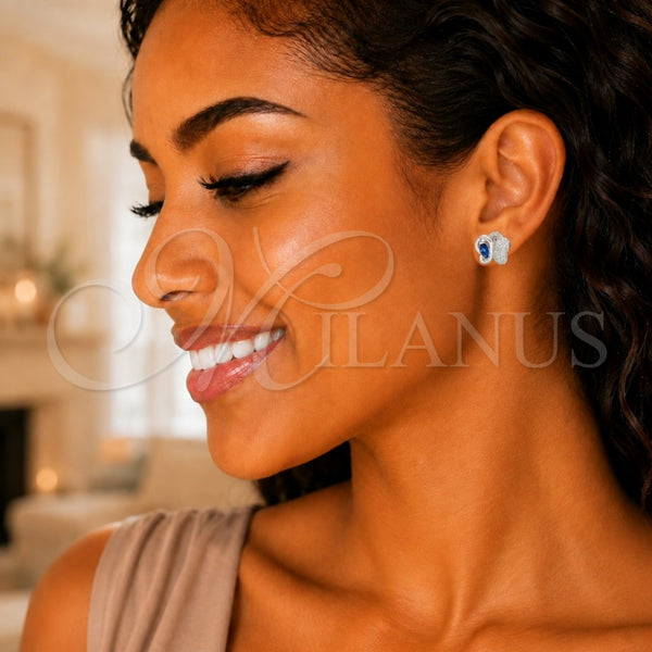 Arete Dormilona 02.369.0007.3 Plata Rodinada, Diseño de Mariposa, con Zirconia Cubica Zafiro Azul y Micro Pave Blanca, Pulido, Rodinado