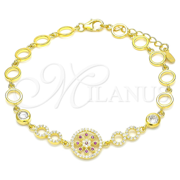 Pulsera Elegante 03.369.0002.5.07 Plata Rodinada, Diseño de Flor, con Zirconia Cubica Rubi y Blanca, Pulido, Tono Dorado (Grosor 06 MM, 7 Pulgadas de Largo)
