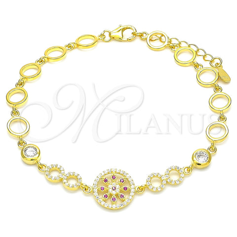 Pulsera Elegante 03.369.0002.5.07 Plata Rodinada, Diseño de Flor, con Zirconia Cubica Rubi y Blanca, Pulido, Tono Dorado (Grosor 06 MM, 7 Pulgadas de Largo)