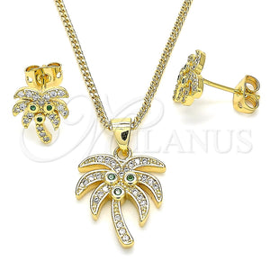 Juego de Arete y Dije de Adulto 10.342.0009.1 Oro Laminado, Diseño de Palmera, con Verde and Blanca Zirconia Cubica, Pulido, Tono Dorado
