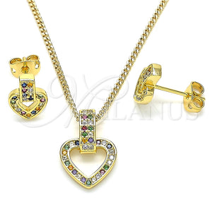 Juego de Arete y Dije de Adulto 10.342.0011.1 Oro Laminado, Diseño de Corazón, con Multicolor Zirconia Cubica, Pulido, Tono Dorado