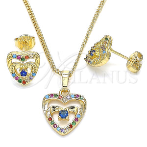 Juego de Arete y Dije de Adulto 10.233.0032 Oro Laminado, Diseño de Corazón, con Multicolor Micro Pave and Blanca Zirconia Cubica, Pulido, Tono Dorado