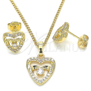 Juego de Arete y Dije de Adulto 10.233.0032.3 Oro Laminado, Diseño de Corazón, con Blanca Micro Pave and Blanca Zirconia Cubica, Pulido, Tono Dorado