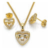 Juego de Arete y Dije de Adulto 10.233.0032.3 Oro Laminado, Diseño de Corazón, con Blanca Micro Pave and Blanca Zirconia Cubica, Pulido, Tono Dorado
