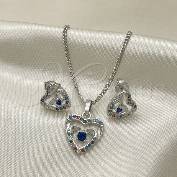 Juego de Arete y Dije de Adulto 10.233.0032.4 Rodio Laminado, Diseño de Corazón, con Zirconia Cubica Blanca y Multicolor, Pulido, Rodinado