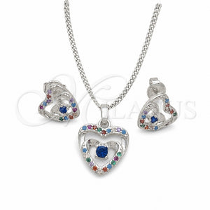 Juego de Arete y Dije de Adulto 10.233.0032.4 Rodio Laminado, Diseño de Corazón, con Zirconia Cubica Blanca y Multicolor, Pulido, Rodinado