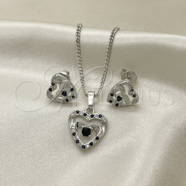 Juego de Arete y Dije de Adulto 10.233.0032.5 Rodio Laminado, Diseño de Corazón, con Zirconia Cubica Negro y Blanca, Pulido, Rodinado