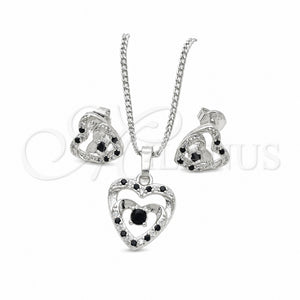 Juego de Arete y Dije de Adulto 10.233.0032.5 Rodio Laminado, Diseño de Corazón, con Zirconia Cubica Negro y Blanca, Pulido, Rodinado